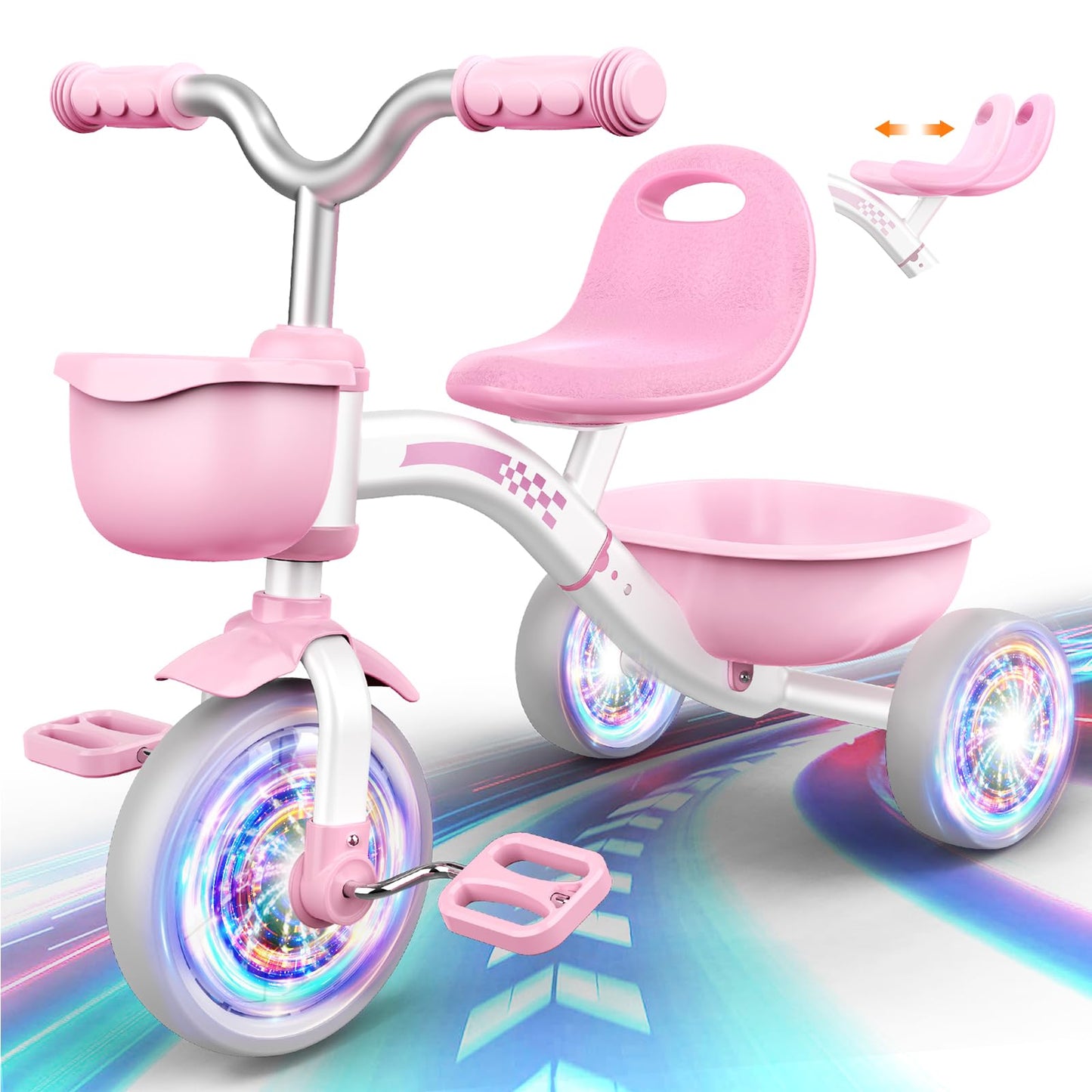 HappyGoLucky Pink Tricycles Toys for 2-5 Year Old Girls Gifts, Balance Bike 2 3 4+ 5 Year Old with 3 Colorful Lighting Wheels & Adjustable Seat, Baby Toddler Kids Cycle Trikes Bike Girls Toys Age 2-5