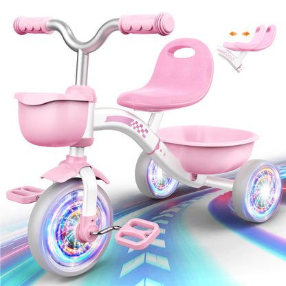 HappyGoLucky Pink Tricycles Toys for 2-5 Year Old Girls Gifts, Balance Bike 2 3 4+ 5 Year Old with 3 Colorful Lighting Wheels & Adjustable Seat, Baby Toddler Kids Cycle Trikes Bike Girls Toys Age 2-5