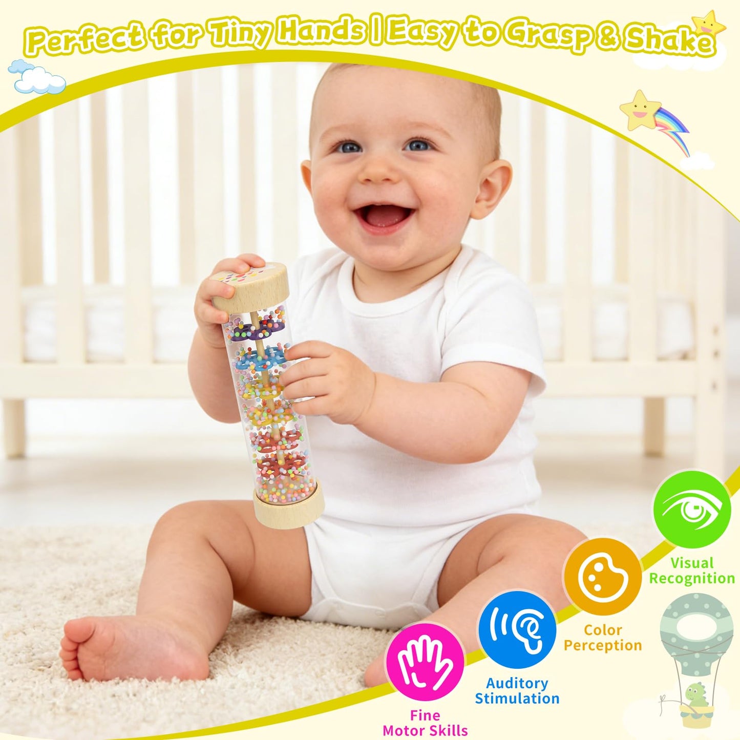 Wooden baby rattle rain stick toy by Zendstanding, designed for sensory development in infants and toddlers.