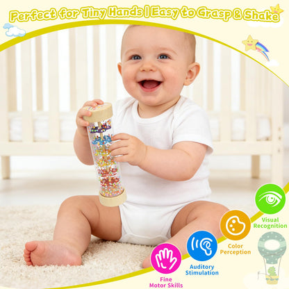 Wooden baby rattle rain stick toy by Zendstanding, designed for sensory development in infants and toddlers.