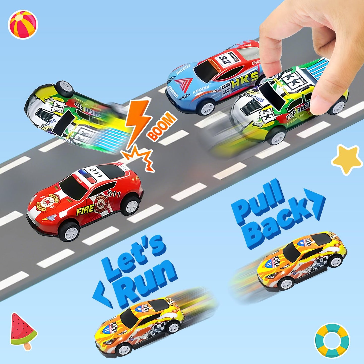 TOYABI metal race car set with 22 pieces, including mini pull-back cars and roadblocks for kids aged 3-8.