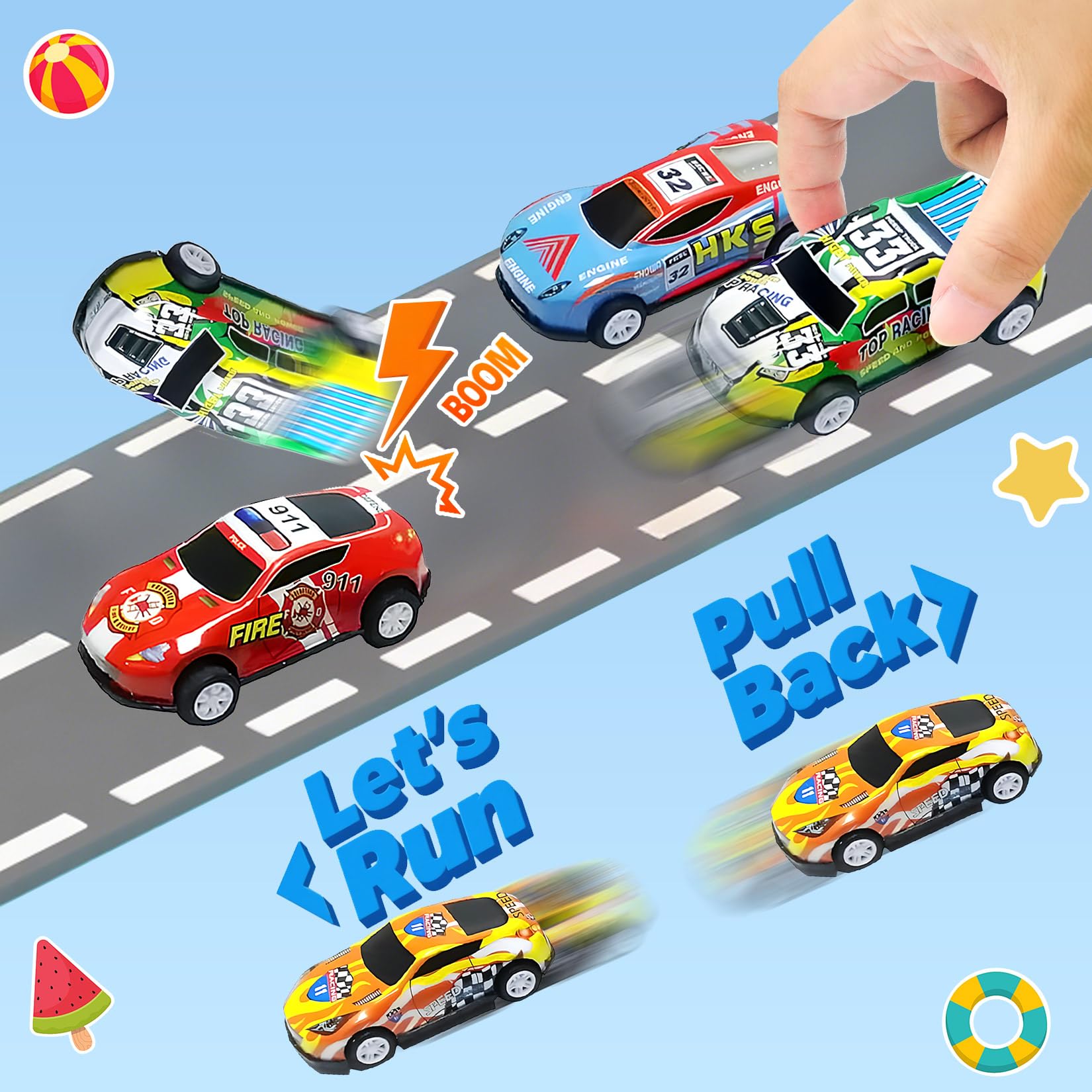 TOYABI metal race car set with 22 pieces, including mini pull-back cars and roadblocks for kids aged 3-8.