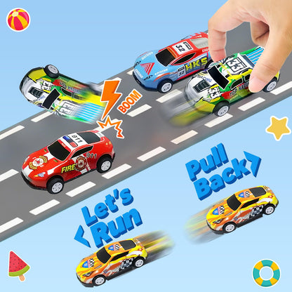 TOYABI metal race car set with 22 pieces, including mini pull-back cars and roadblocks for kids aged 3-8.