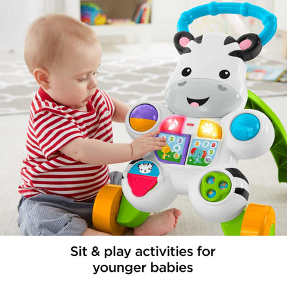 Fisher-Price Learn with Me Zebra Walker First Steps Baby Walker Push Along Toy with Lights, Music, Baby Girl and Baby Boy Toys Hands-On Toddler Baby Push Along Walker UK English Version, GXC31