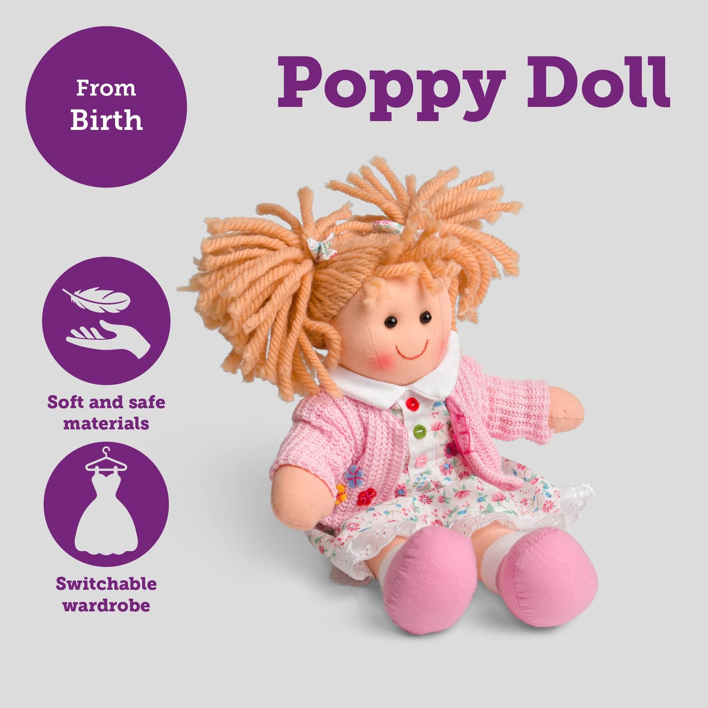 Bigjigs Toys Poppy doll, 28cm plush ragdoll with strawberry blonde pigtails and floral white dress, cuddly soft baby toy.