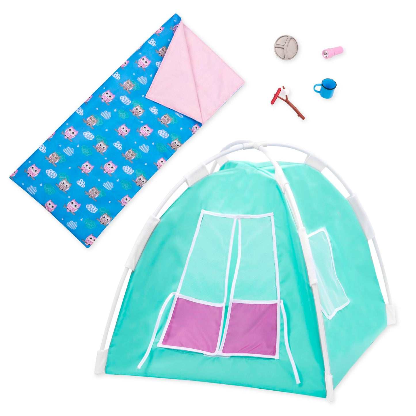 Our Generation Happy Camper Camping Set for 18" dolls featuring a tent, sleeping bag, campfire accessories, and more.