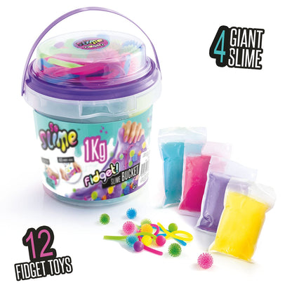 Colorful 1kg So Slime bucket with multicolored fidget slime and accessories in a transparent container, suitable for children 6+.