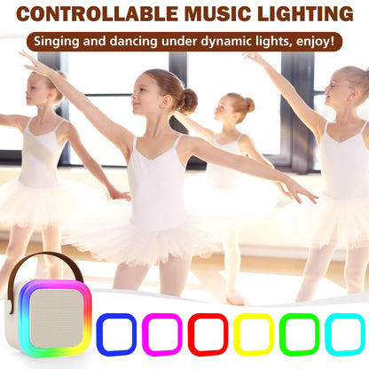 Koolcover Mini Karaoke Machine for Kids and Adults with Bluetooth speaker, two wireless microphones, beige color, perfect for family parties.