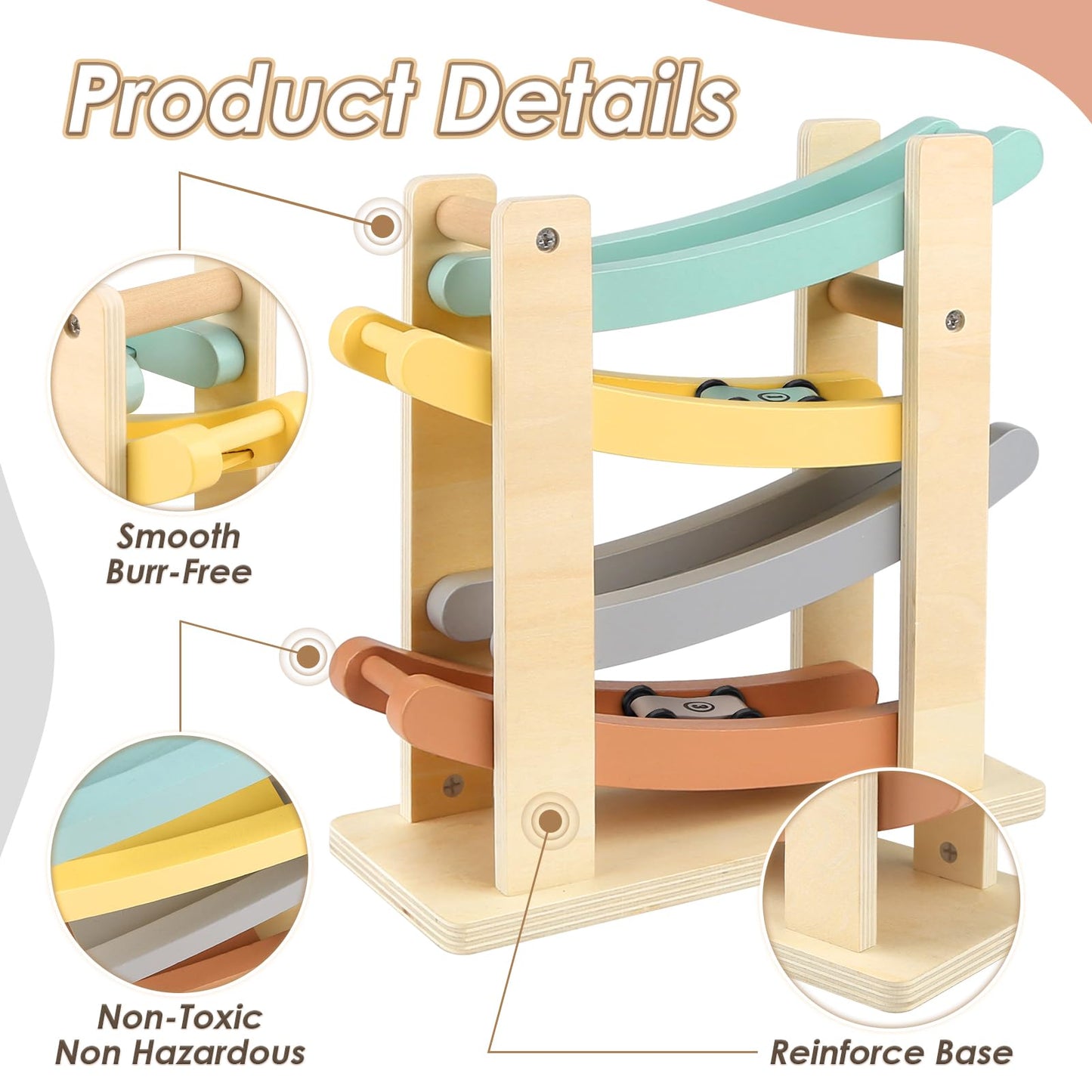 Vanplay wooden car ramp with four mini cars and a toy garage for toddlers, ideal for ages 1-2 years.