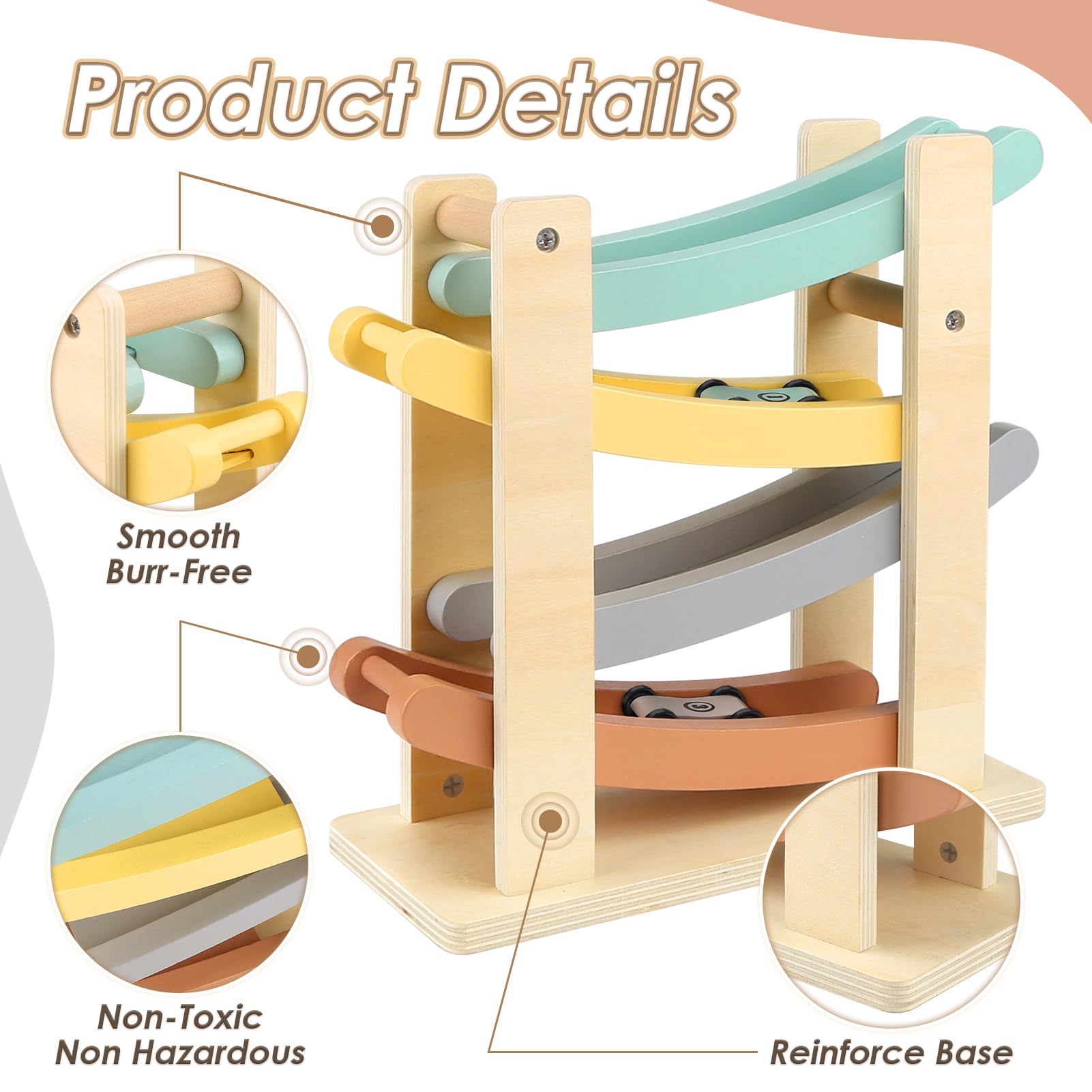 Vanplay wooden car ramp with four mini cars and a toy garage for toddlers, ideal for ages 1-2 years.