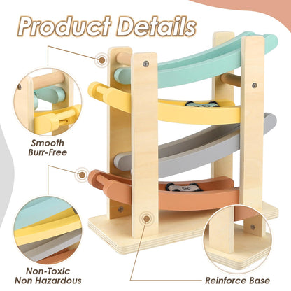 Vanplay wooden car ramp with four mini cars and a toy garage for toddlers, ideal for ages 1-2 years.