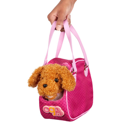 Our Generation poodle dog plush in a pet carrier bag, designed as a toy accessory for 18-inch dolls.