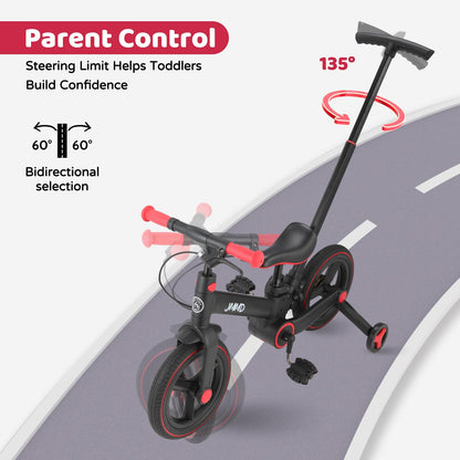 JMMD 6-in-1 toddler bike with training wheels, pedals, adjustable handle, and kickstand for kids 18 months to 5 years.