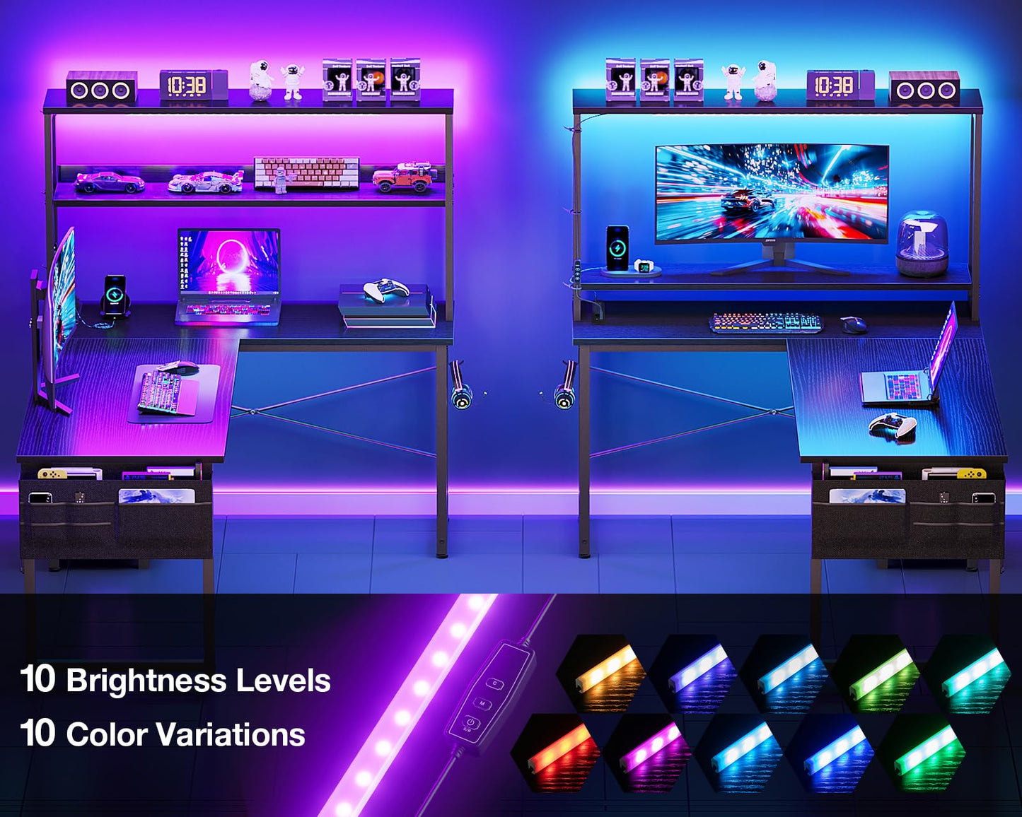 Black Coleshome L-shaped gaming desk with LED lights, power outlet, shelves, storage bag, and hook for home office setup.