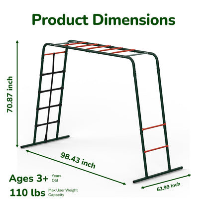 Plum Play Metal Monkey Bars Climbing Frame with Stippled Powder Coating for Extra Grip and Support - Cargo Climbing Net - Max user weight 50kg - Up to 3 users at a time - Min age from 3 years Plus