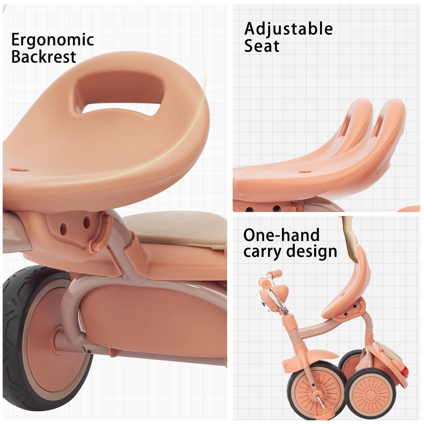 UBRAVOO Baby Tricycle, Foldable Toddler Trike with Pedals, Cool Lights, Durable Wheels and Comfortable Seat, Baby First Walker Trike for 1-5 Years Old Girls, Boys (Pink-black)