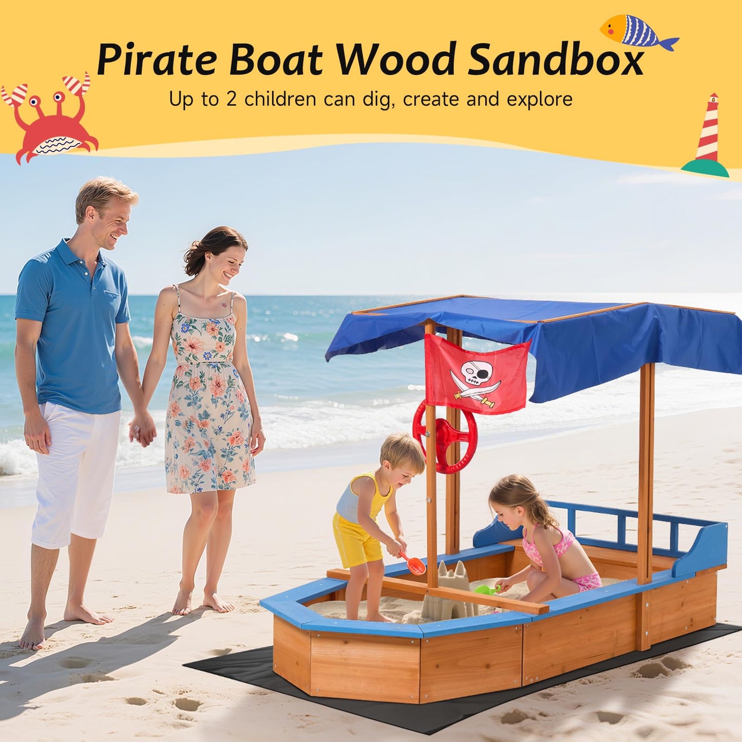 Warmiehomy Sand Pit With Lid For Toddlers Age 3-10 Wooden Kids, Pirate Ship Sand Boat With Canopy Liner Flag, Shell SandPit Outdoor Kids For Garden Backyard Creative Fun Gift For 3+ Years