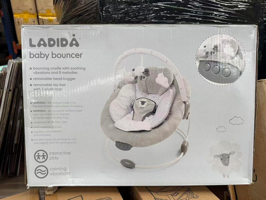 LADIDA soft padded lamb bouncer for newborns 0-6 months with soothing music and vibration, providing gentle comfort and support.