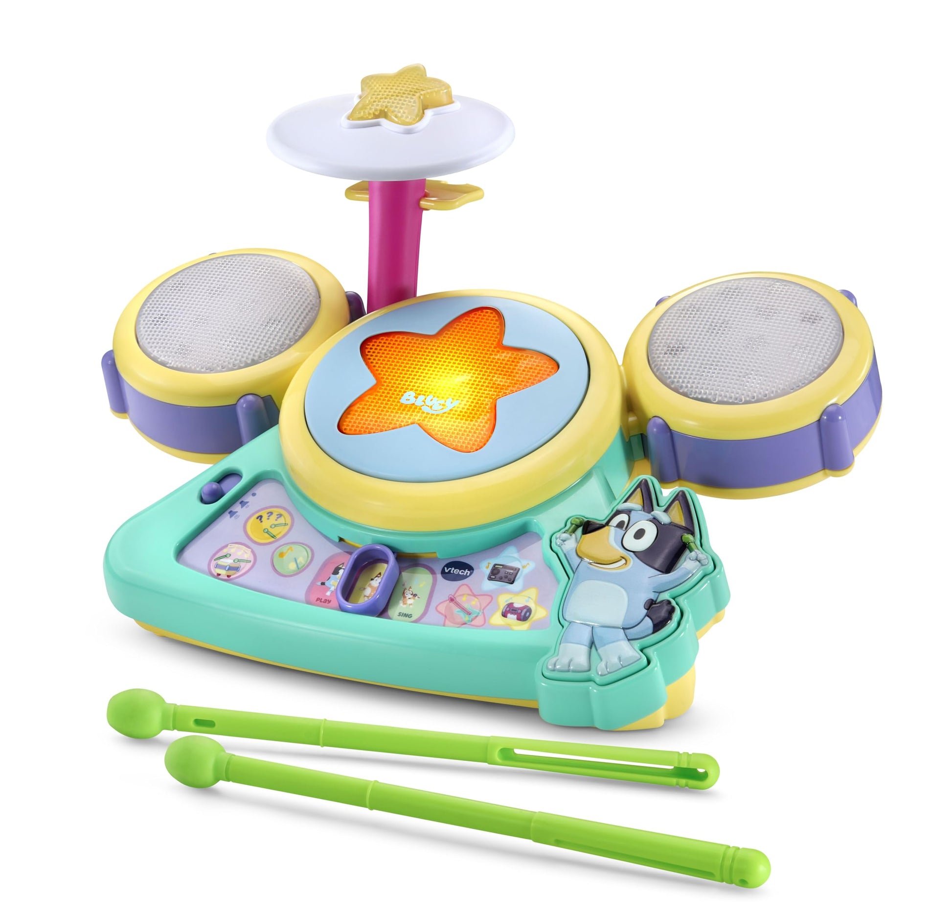 VTech Bluey Hurrah Drum Set featuring colorful drums and cymbals, designed for kids to play and enjoy musical fun.