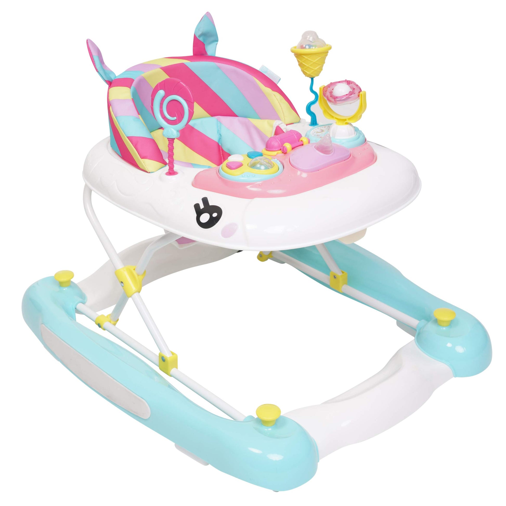 Pink Rainbow MyChild Unicorn 2-in-1 baby walker and rocker with activity center, foldable frame, anti-fall blocks, and adjustable height.