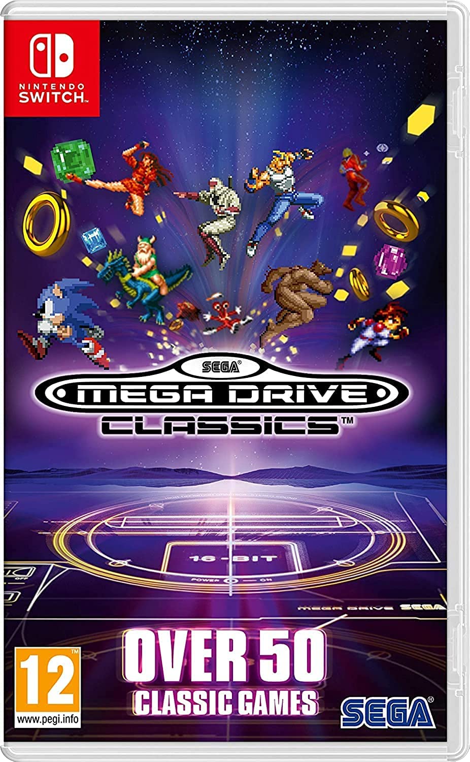SEGA Mega Drive Classics game cartridge for Nintendo Switch, featuring colorful label and retro Sega branding.