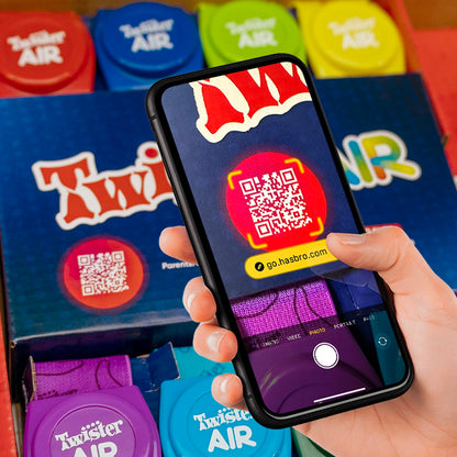 Hasbro Gaming Twister Air Party Game Includes 4 Twister Air Wrist Bands, 4 Twister Air Ankle Bands, Device Stand with clip, base, and post, and Game Rules For Ages 8+ Years