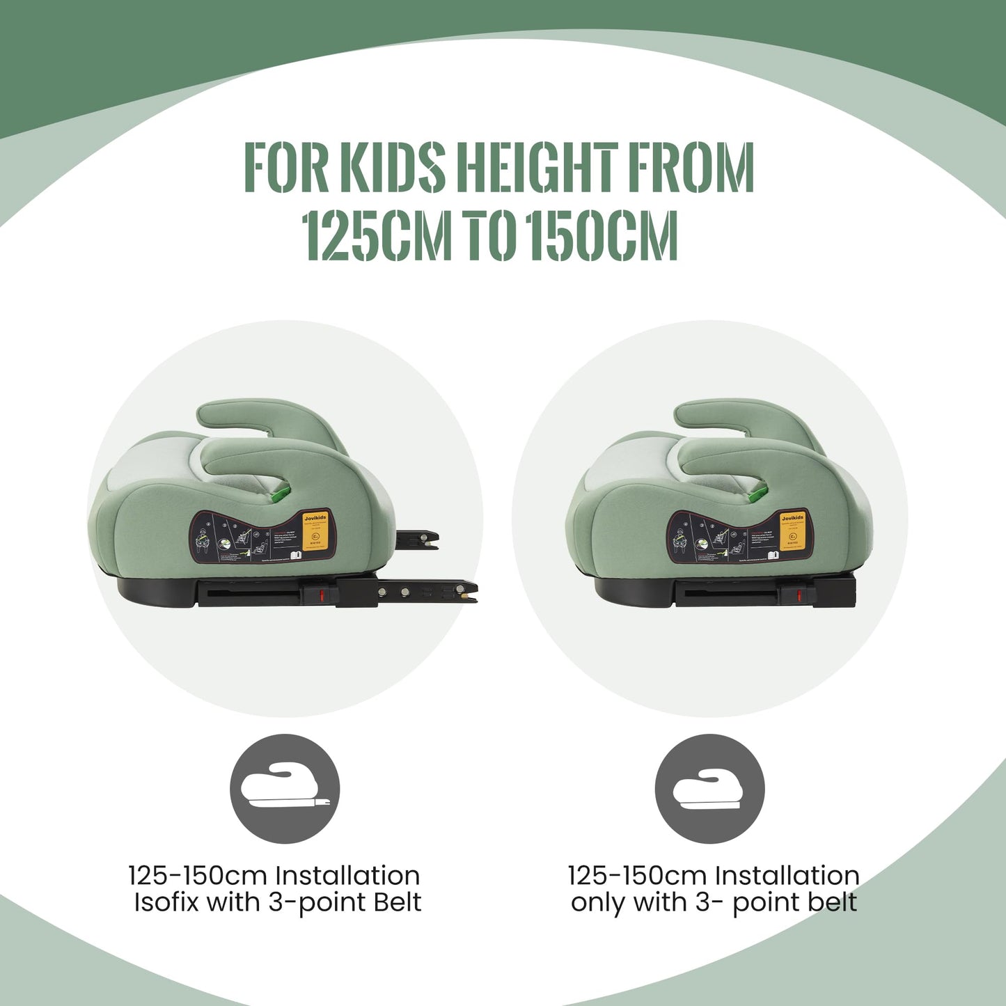 Jovikids I-Size Booster Seat for Car with ISOFIX, 125-150cm (Group 2/3, 6-12 Years), Portable Car Seats for Kids, Convenient for Everyday Use, Great for Travel, ECE R129 (Soft Green)
