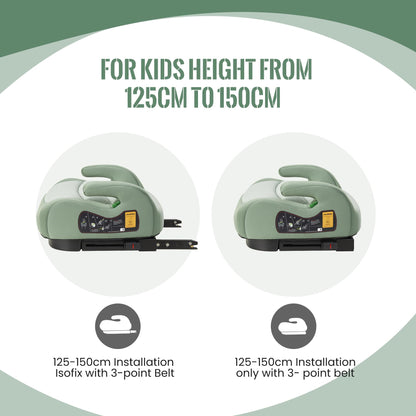 Jovikids I-Size Booster Seat for Car with ISOFIX, 125-150cm (Group 2/3, 6-12 Years), Portable Car Seats for Kids, Convenient for Everyday Use, Great for Travel, ECE R129 (Soft Green)