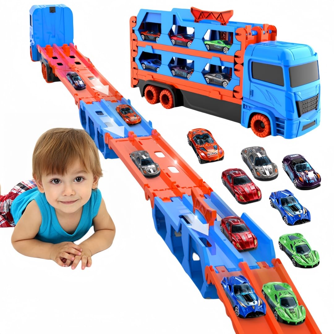 Bearbao toddler car toys set featuring a 65-inch race track with die-cast transport trucks for boys aged 2-6 years.
