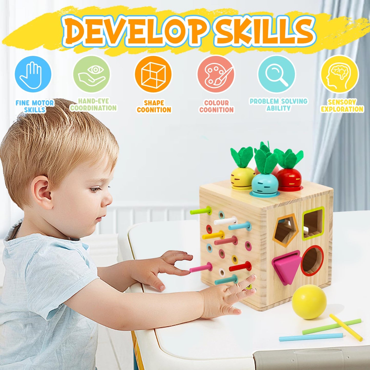 LZDMY Baby Wooden Montessori Toys for 1 year old, Baby Sensory Toys 6 in 1 Activity Cube Balls Drop Carrots Cutting, Educational Sorting Toy for Toddlers Aged 1-3, Babies Birthday Gifts