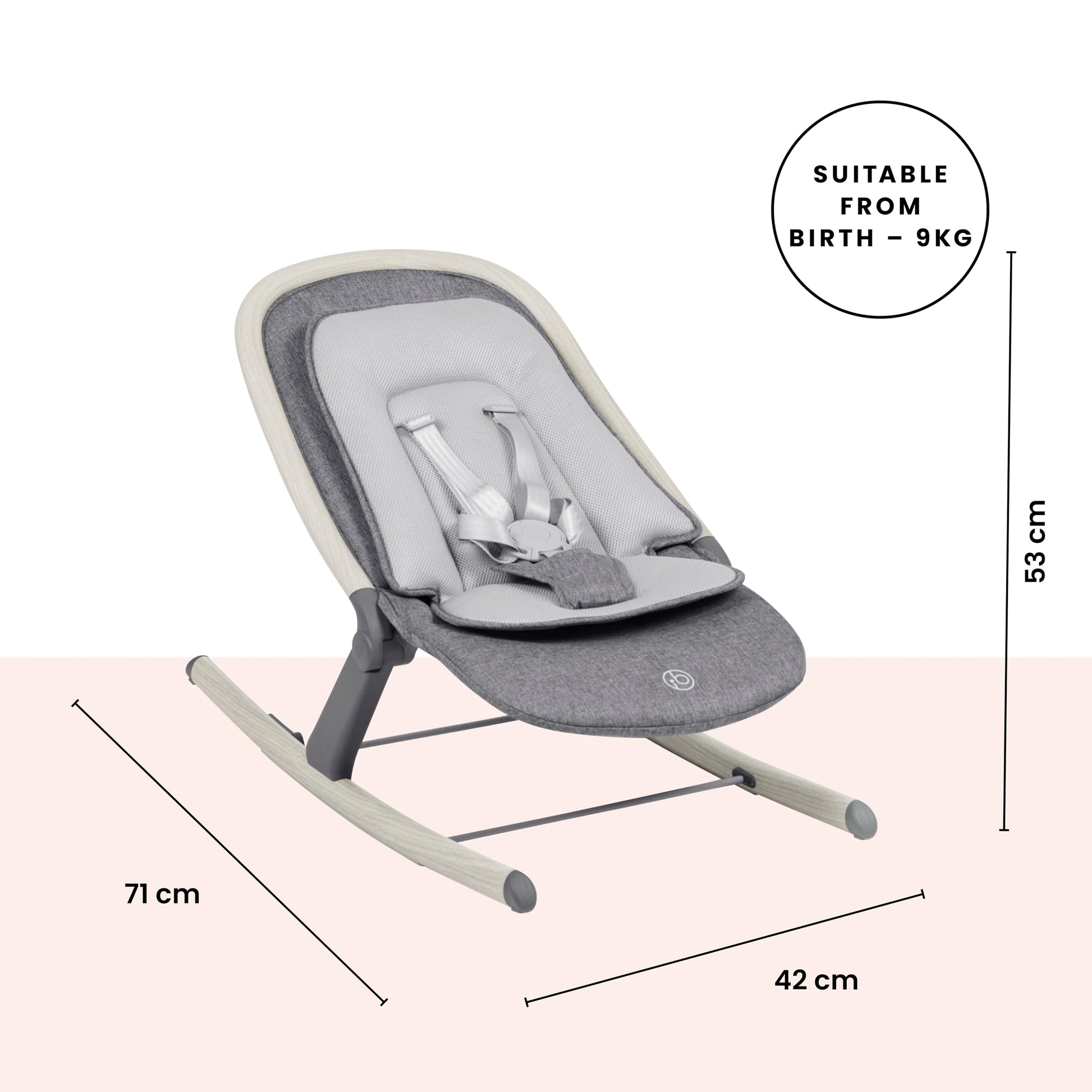 Ickle Bubba Stella baby bouncer and rocker with adjustable seat, lightweight frame, removable toy bar, washable fabric, suitable from birth.