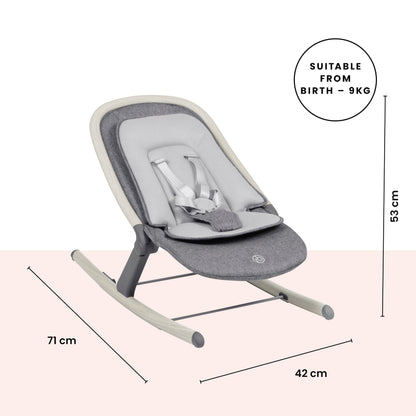 Ickle Bubba Stella baby bouncer and rocker with adjustable seat, lightweight frame, removable toy bar, washable fabric, suitable from birth.