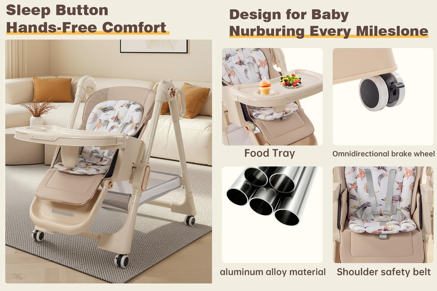 Magic ZC PU Leather Baby High Chair Toddler Feeding Dining Chair with Adjustable Heights and Positions Multifunctional Foldable Convertible with Detachable Double Trays and Wheels (X8122 Grey)