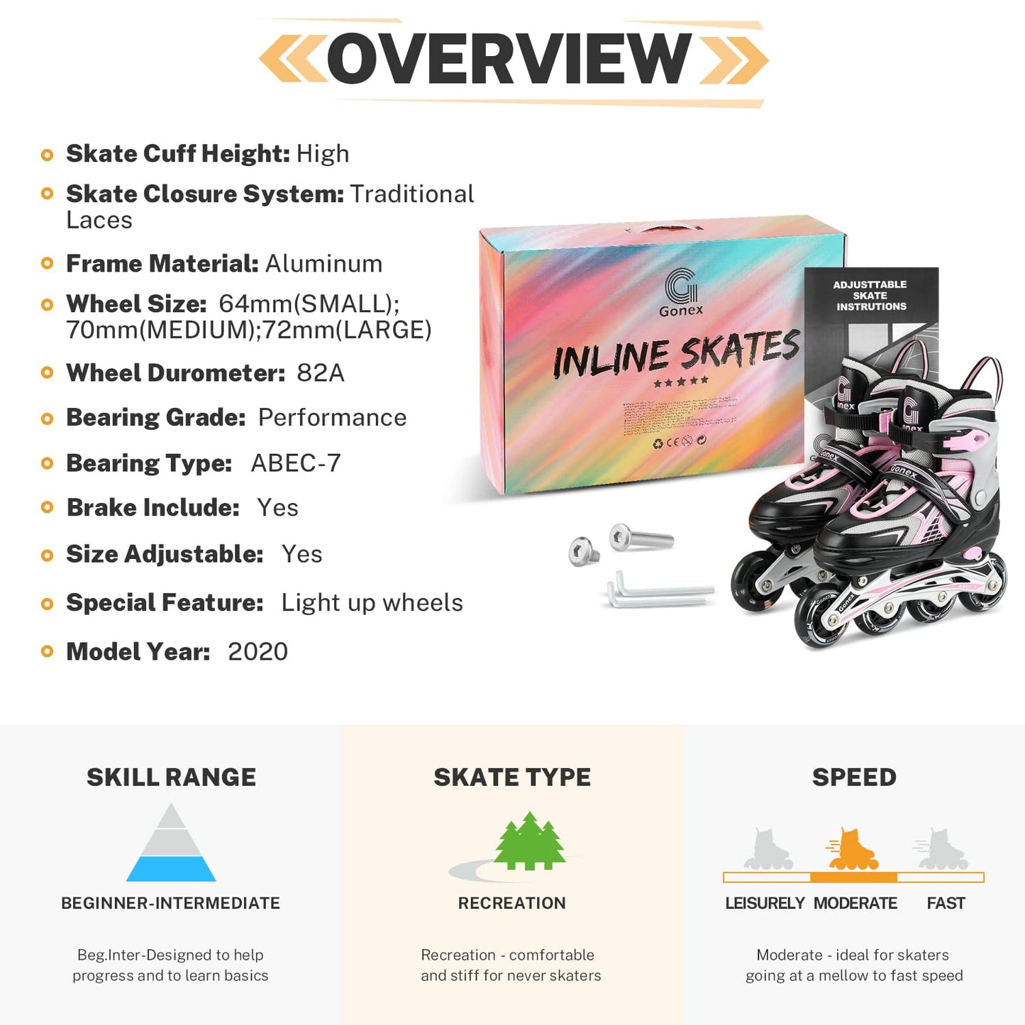 Gonex Inline Skates, Adjustable Inline Roller Skates Blades with Illuminating Light Up Wheels for Kids Girls Boys Teens, Pink M