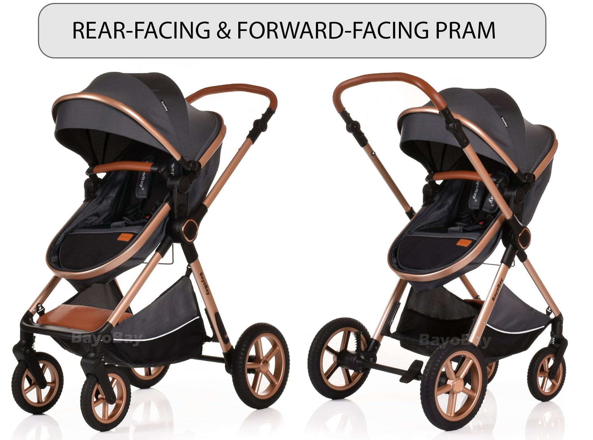 BayoBay 3-in-1 baby buggy pram stroller with car seat and carrycot, lightweight foldable travel system for newborns and toddlers.