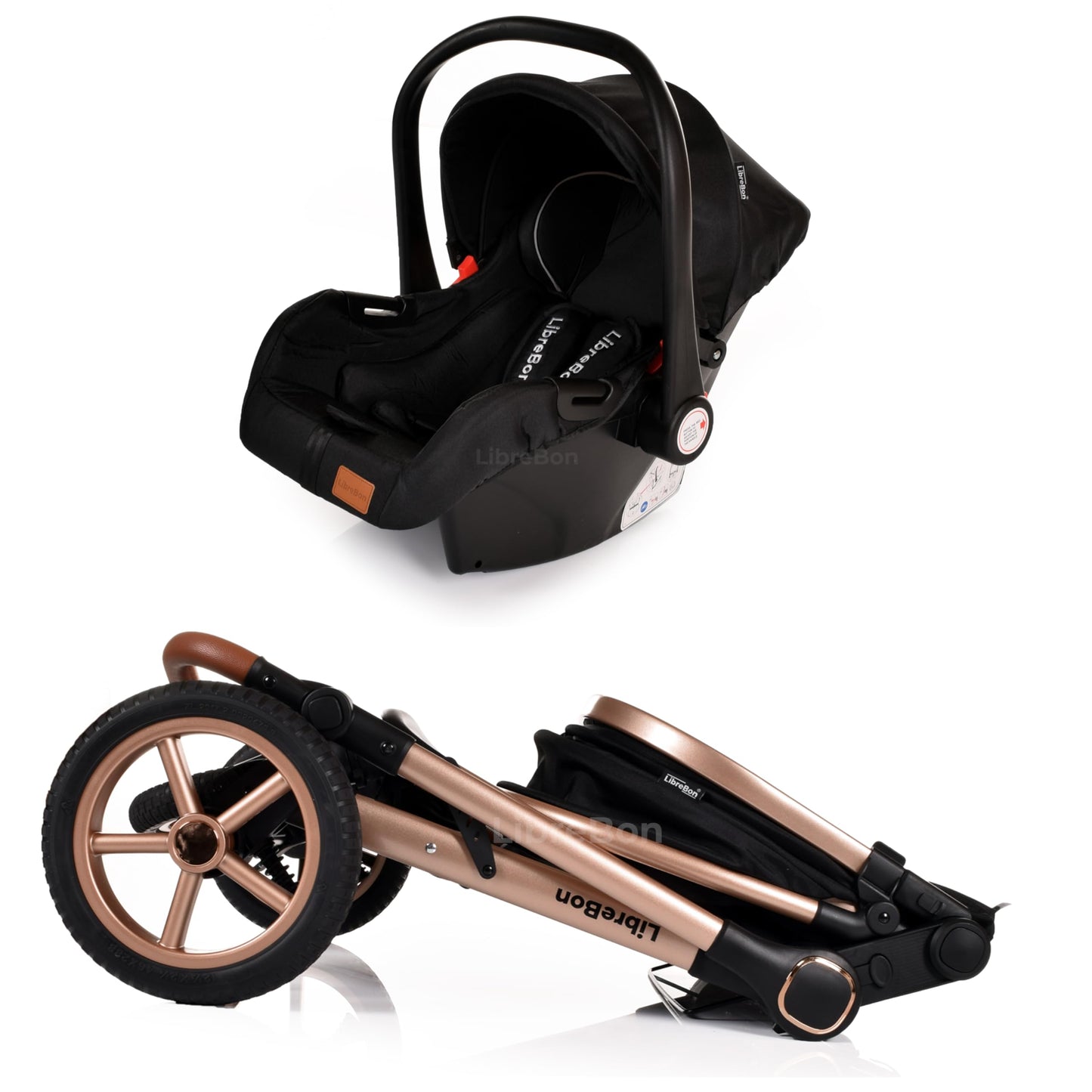 Baby Buggy Pram Pushchair Stroller 3 in 1 Child Lightweight Folding Stroller 3 in 1 Travel System Pram for Newborns & Toddlers from Birth Aluminum (Grey - Rose Gold Frame)