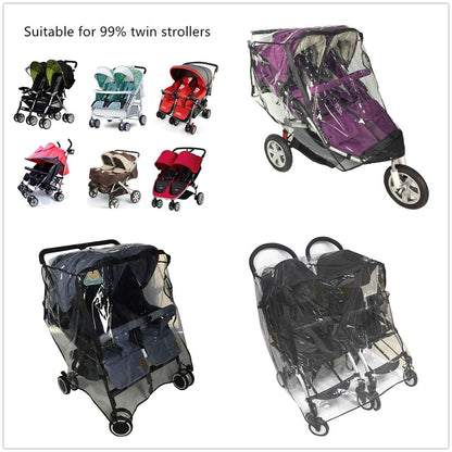 Universal Twins Stroller Raincover Double Raincover for Pushchair Side by Side Baby Stroller rain Cover for Pushchair Pram Buggy Rainproof Dustproof Windproof Rain Cover with Canopy and Zipper Door