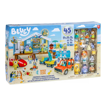 Bluey Friends & Family Beach Bash Mega Set house playset with 45 pieces, including stickers, featuring Bluey and family figures.
