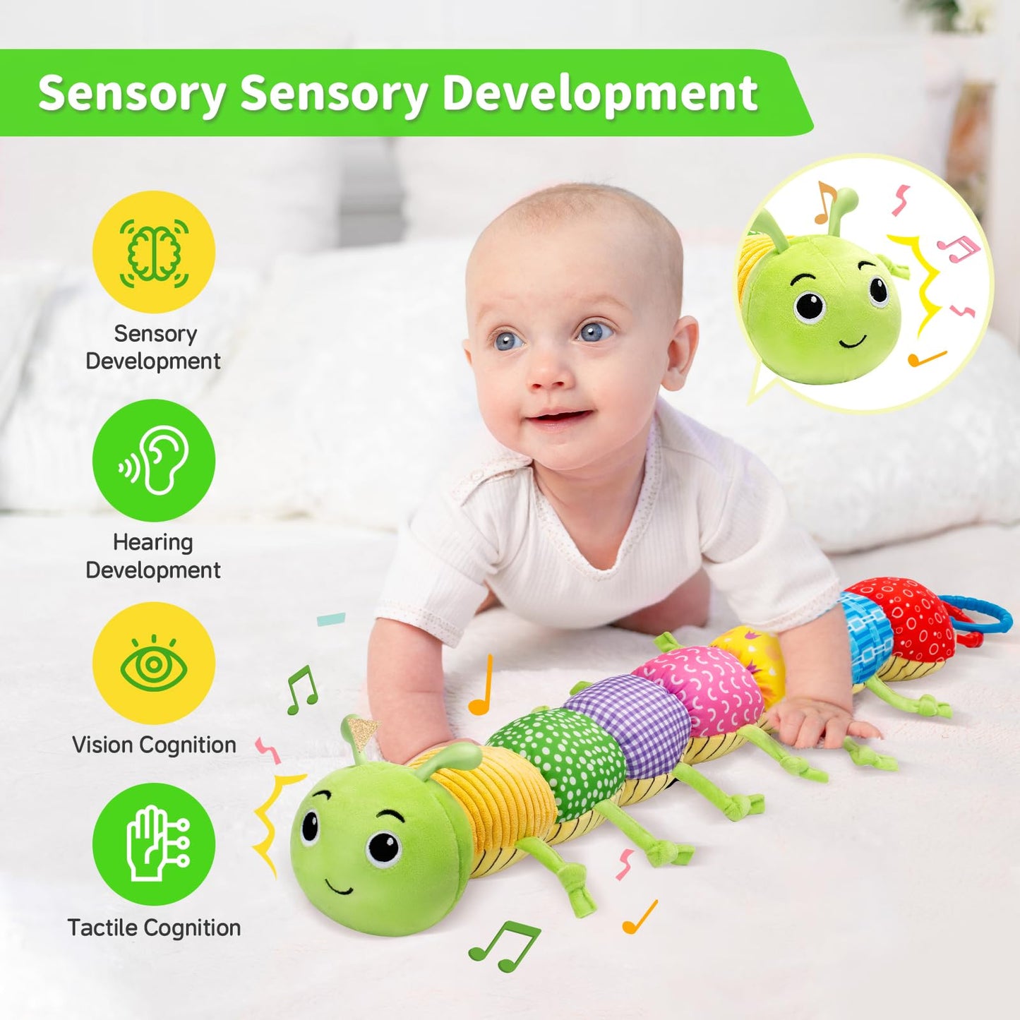 Accevo baby musical multi-sensory caterpillar stuffed animal with crinkle, rattles, and textures for newborns, green, tummy time toy.