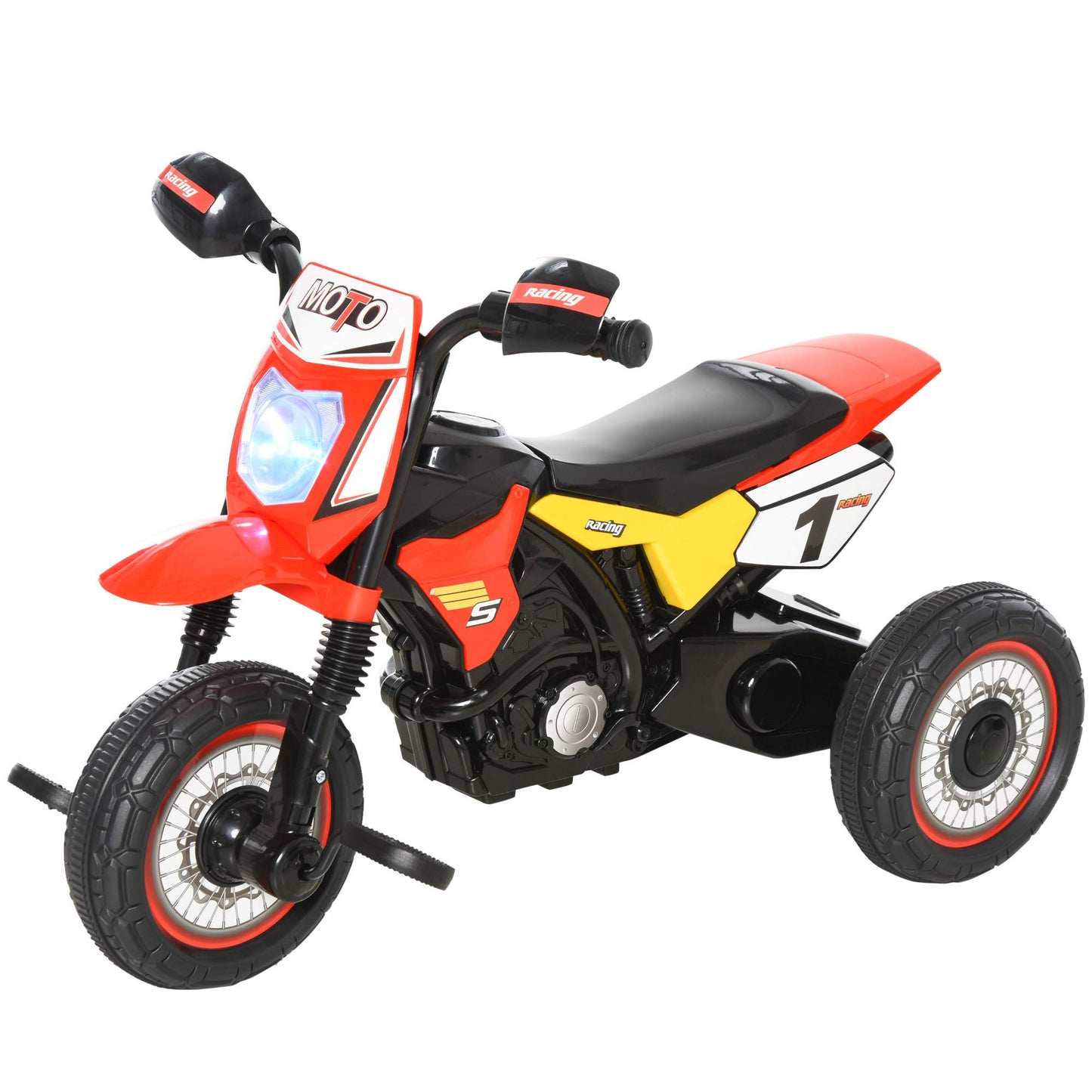 HOMCOM red trike for kids, featuring a pedal motorcycle design, music lights, and stickers for toddlers aged 18-36 months.