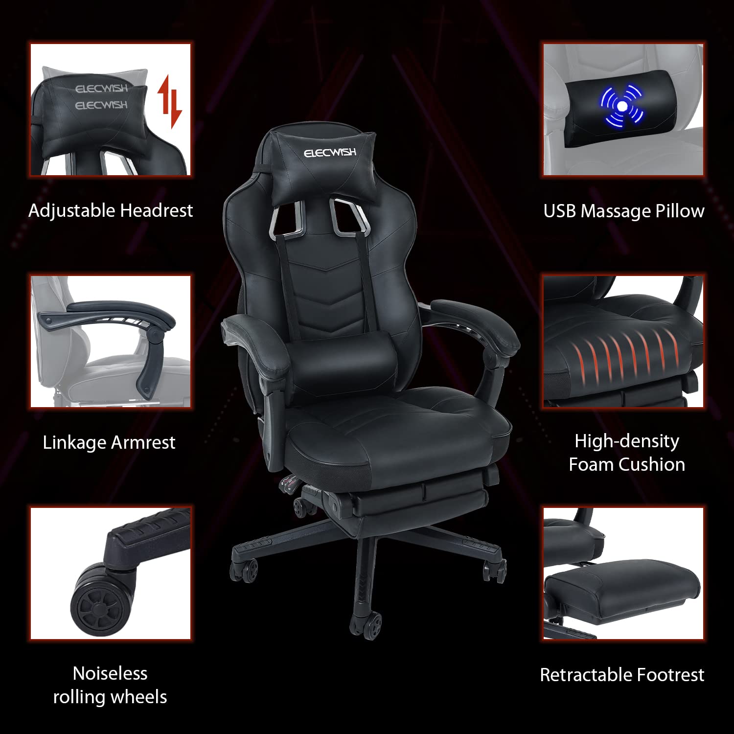 Fullwatt racing gaming chair for adults with footrest, lumbar pillow, swivel, adjustable height, recline, black PU leather, big and tall.