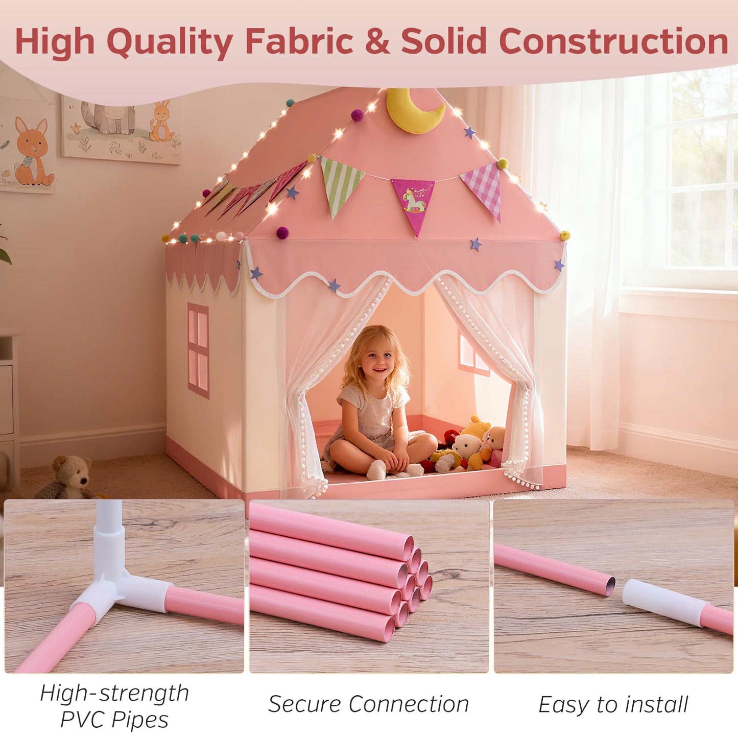 Kids Tent - 2 In 1 Kids Play Tent Children's Playhouse Indoor with Star Lights,Large Play Tent for House Outdoor Playground Children's Birthday Present