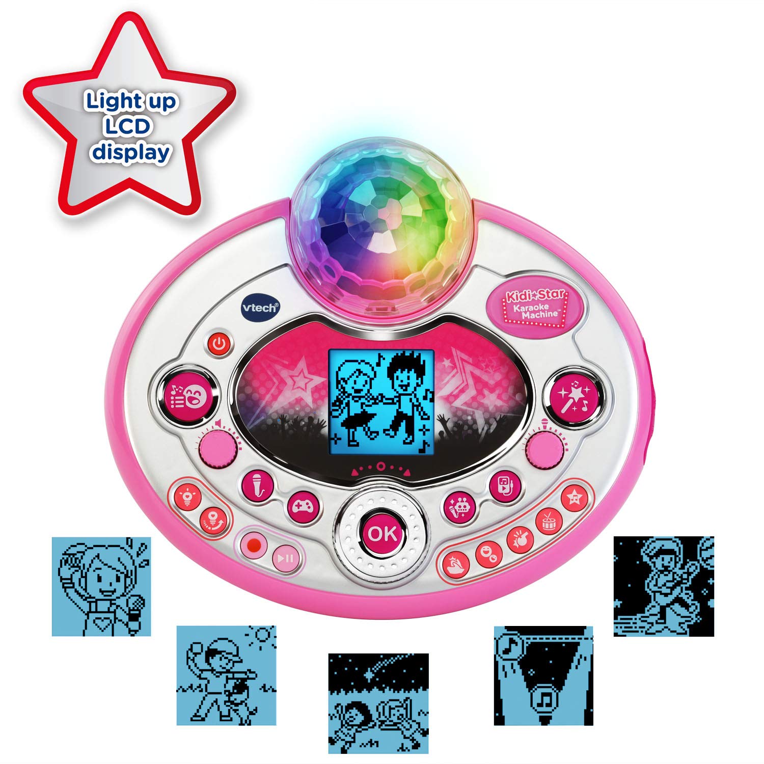 VTech Kidi Star Karaoke System in pink with two microphones, mic stand, and AC adapter for kids' singing fun.