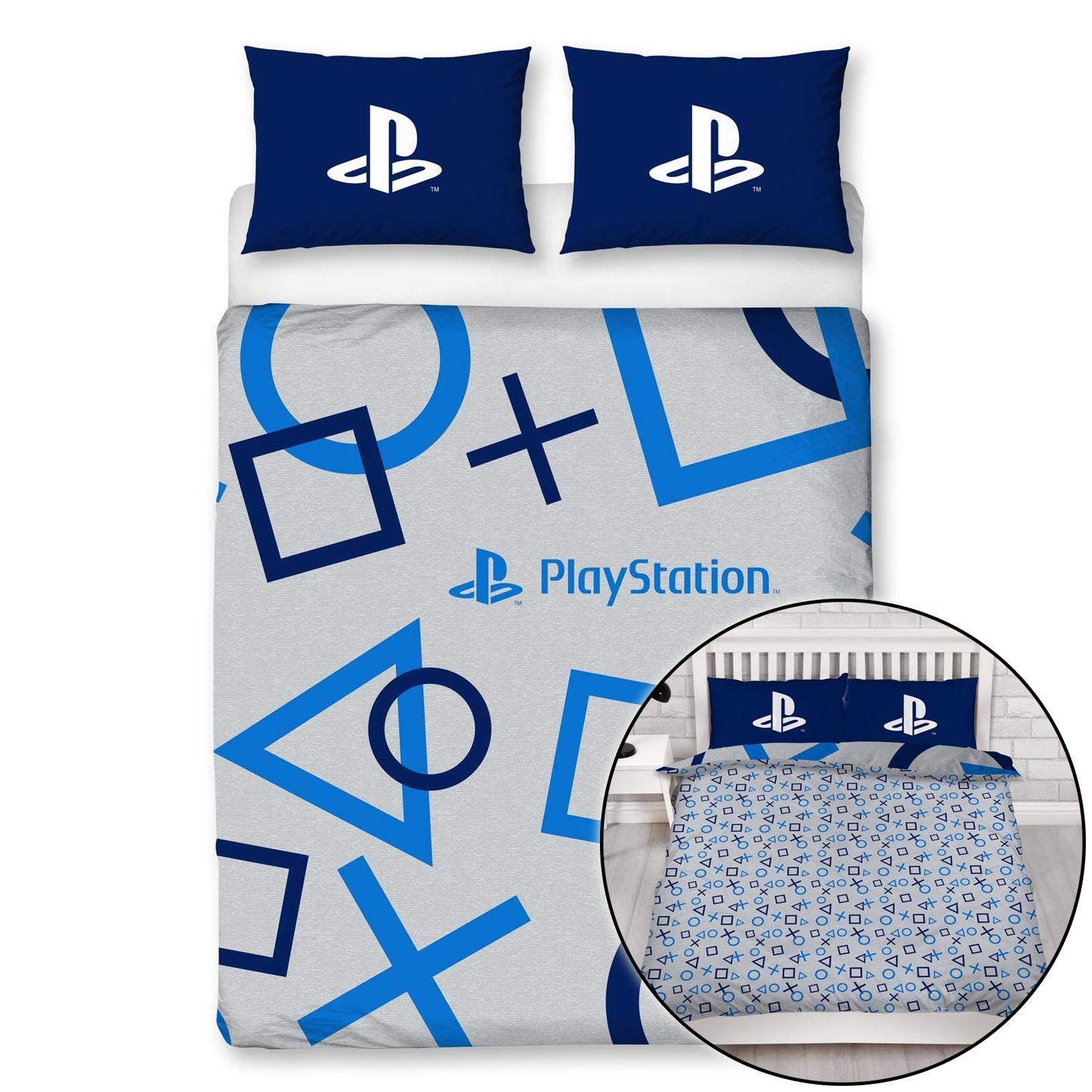 PlayStation Character World Blue Double Duvet Cover Officially Licensed Sony Reversible Two Sided Game Bed Design with Matching Pillowcase, Cotton, Blue, PYSBLEDD001UK2