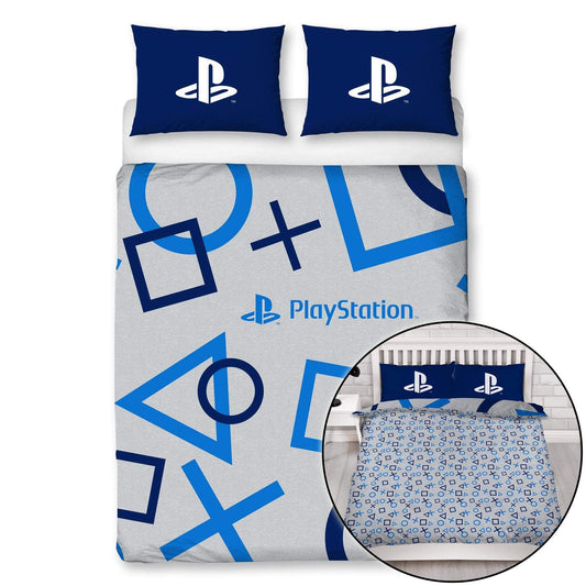 PlayStation Character World Blue Double Duvet Cover Officially Licensed Sony Reversible Two Sided Game Bed Design with Matching Pillowcase, Cotton, Blue, PYSBLEDD001UK2