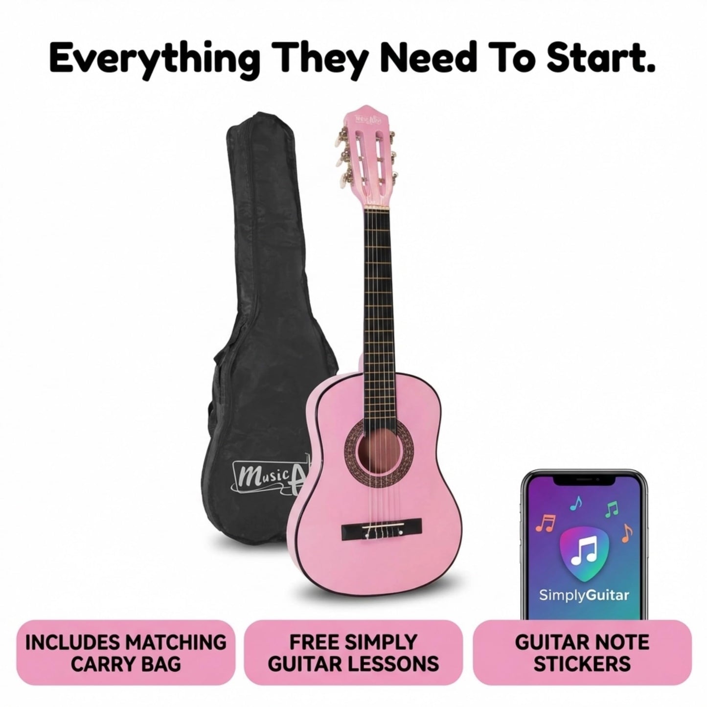 Music Alley classical junior acoustic guitar for kids with a carrying bag, featuring a wooden body and nylon strings.