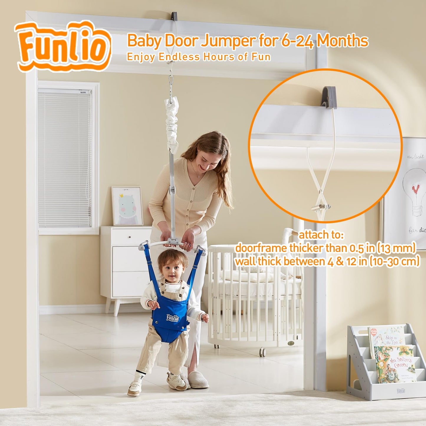 FUNLIO baby door jumper for 6-24 months with adjustable strap, strong spring, door clamp, and portable design.