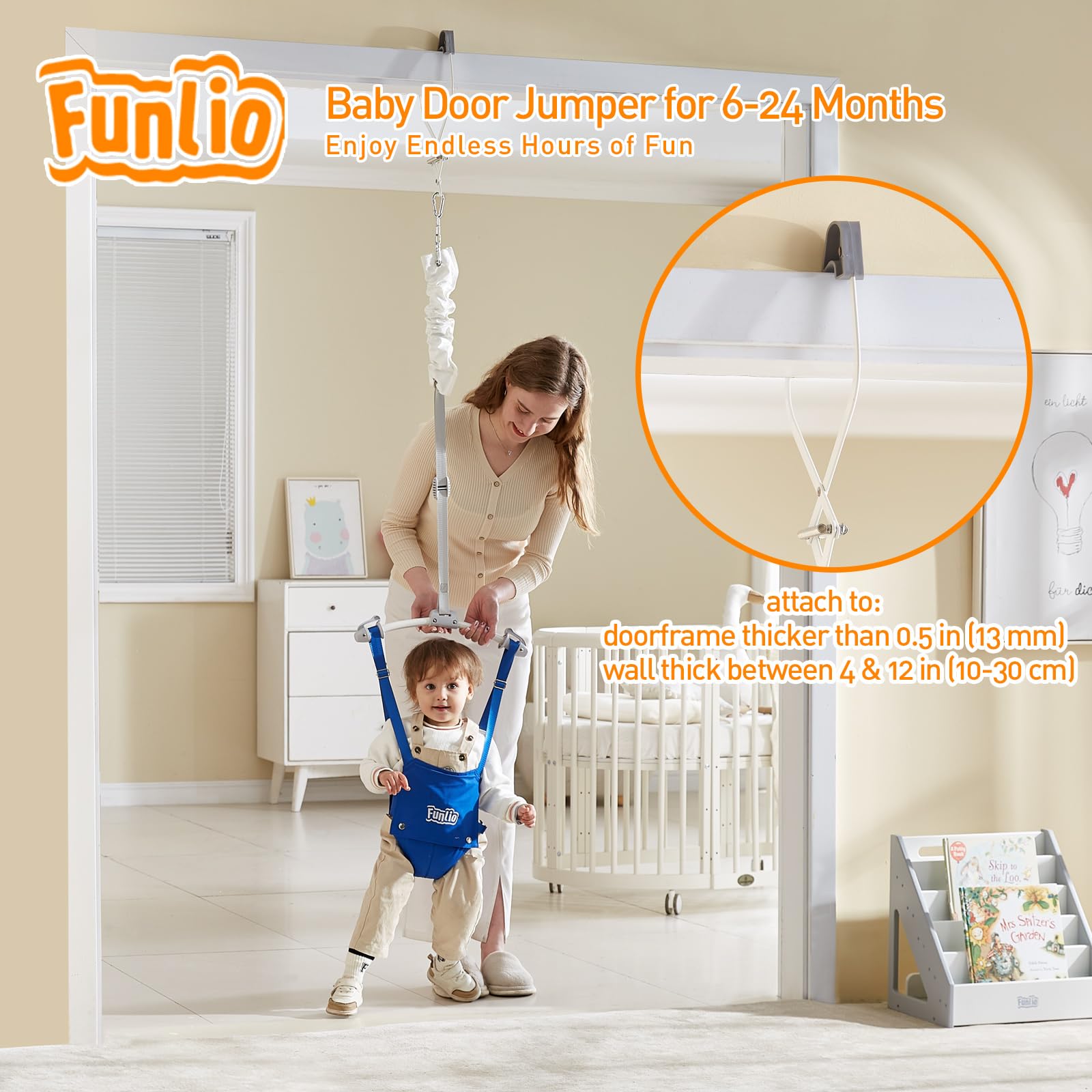FUNLIO baby door jumper for 6-24 months with adjustable strap, strong spring, door clamp, and portable design.