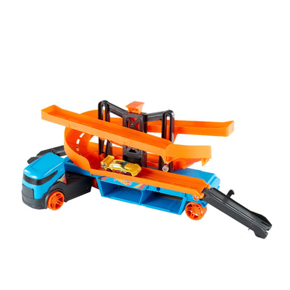 Hot Wheels City Lift & Launch Hauler Vehicle with Storage for Up to 20 1:64 Cars, Lift and Launch Feature and 1 Hot Wheels Car, for 3 Year Olds and Up