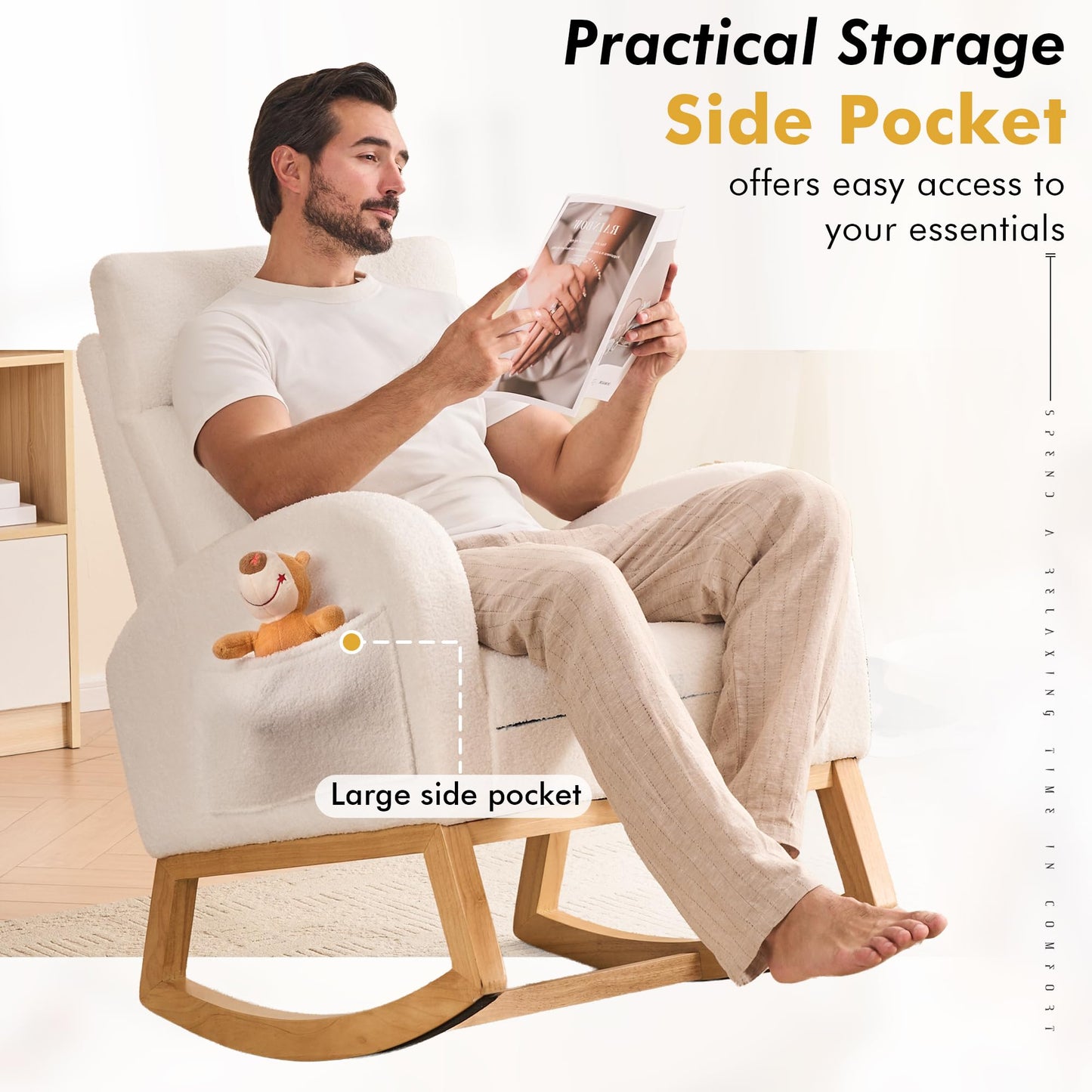 DEKKETO Rocking Chair with Footrest and Headrest, Teddy Wooden Nursing Chairs for adults with Extra Wide Seat and Large Side Pocket, Ergonomic Support for Nursery, Living Room, Ivory